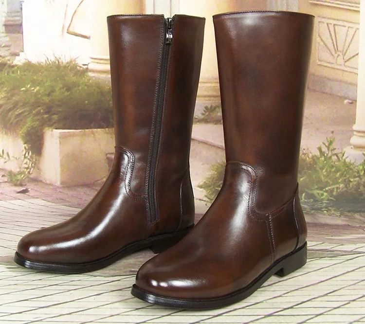 Spring Autumn British Style Thick Heels Brown Full Grain Leather Men Mid-Calf Knight Equestrian Boots Male Half Botas