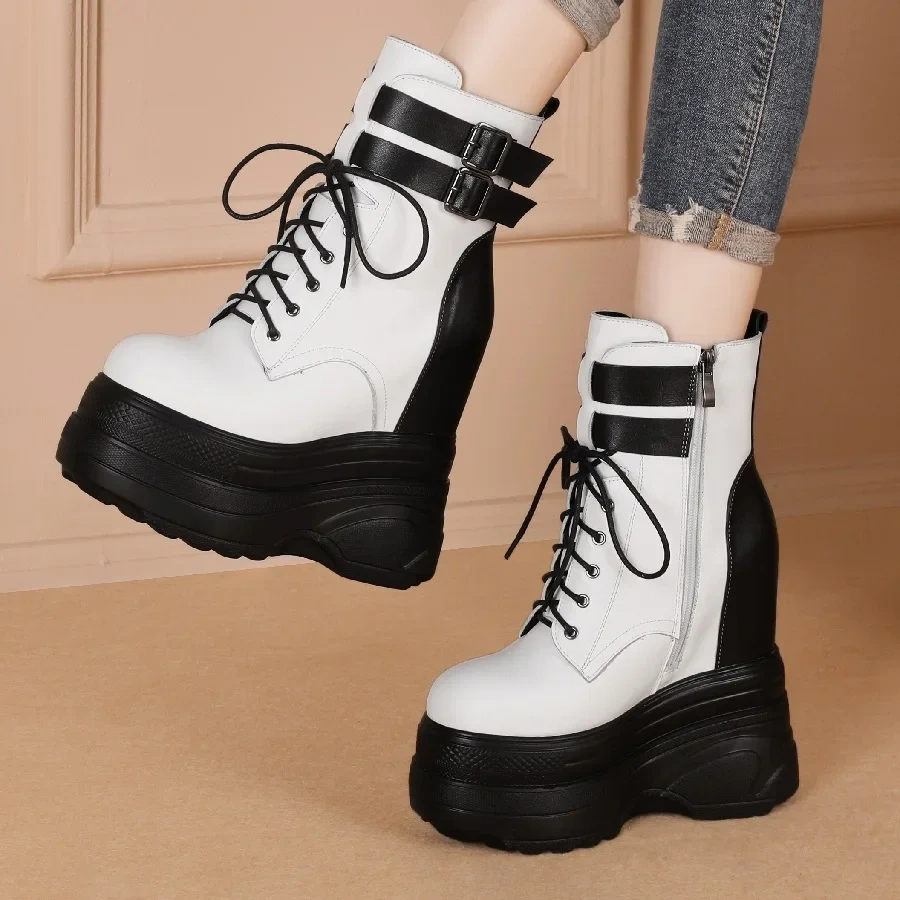 Spring Autumn New Slim 16CM Super High Heels Platform Belt Buckle Genuine Leather Women Mid-Calf Modern Boots Winter Plush 2306