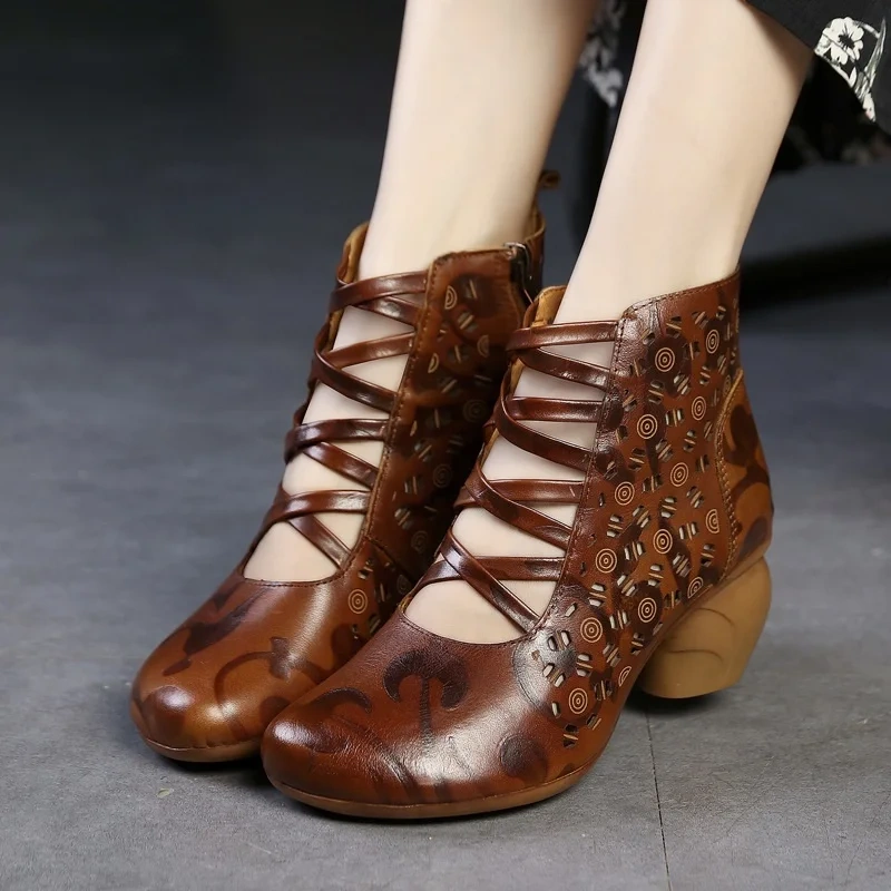 Summer New National Style Retro Thick High Heels Embossing Cut Out Hollow Genuine Leather Women Ankle High-top Equestrian Boots