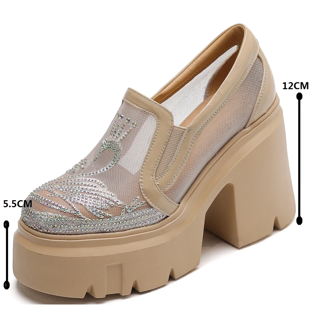 Women 12 CM Heels Platform Spring Summer New Shallow Mouth Shoes Crystal Mesh Hollow Out Real Leather Loafers Sandals 50221