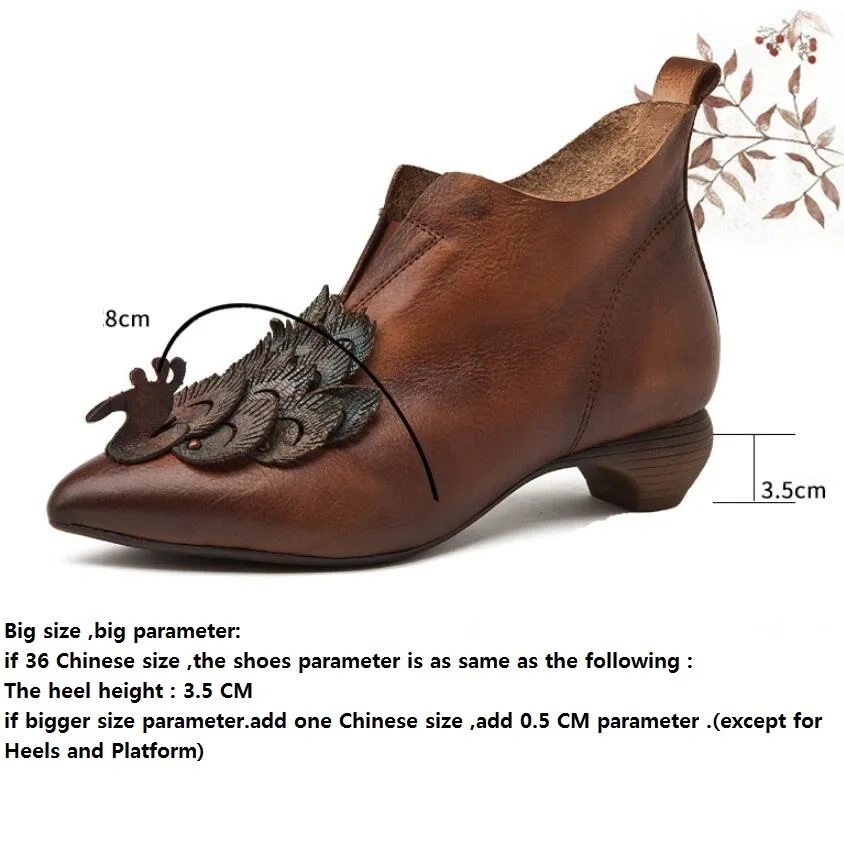 Spring Autumn New National Style Thick Heels Pointed Toe Peacock Slip-On Genuine Leather Women Ankle Short Motorcycle Boots 2505