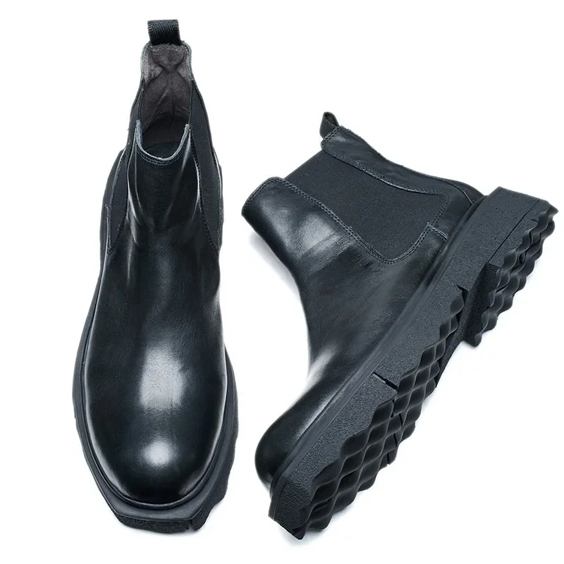 Spring Autumn New British Style Retro Chunky Bottom Simple Sewing Genuine Leather Men Ankle Short Chelsea Boots Winter Plush