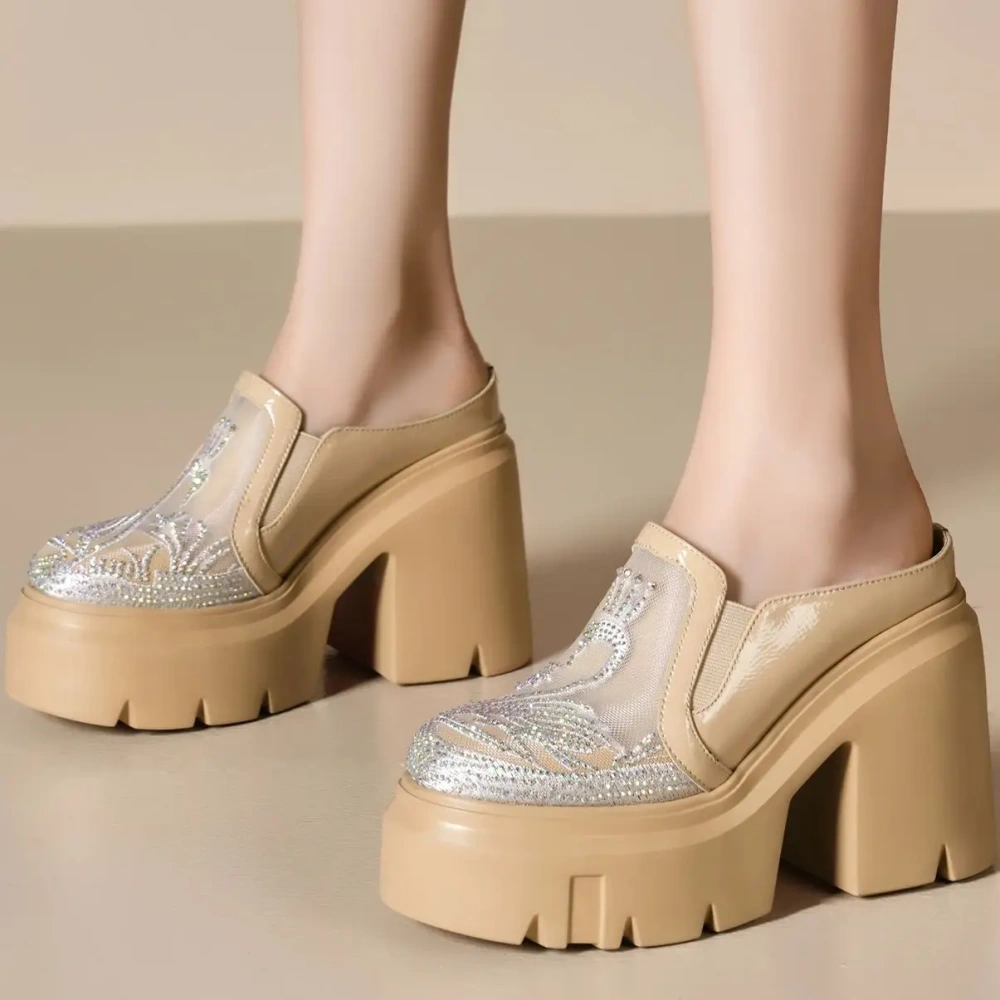 Women 12 CM Wedge Thick Sole Spring Summer Semi Slip On Pumps Loafers Crystal Mesh Hollow Out Breathable Comfort Slippers 50221