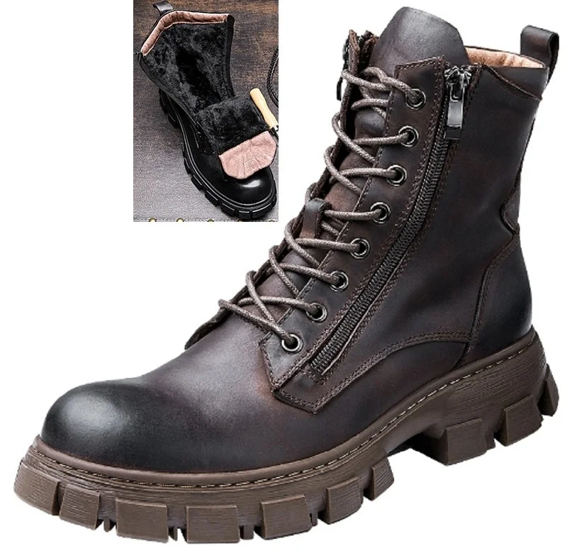 Spring Autumn New British Style Retro Chunky Bottom Cross-tied Genuine Leather Men Mid-Calf Half Motorcycle Boots Winter Plush