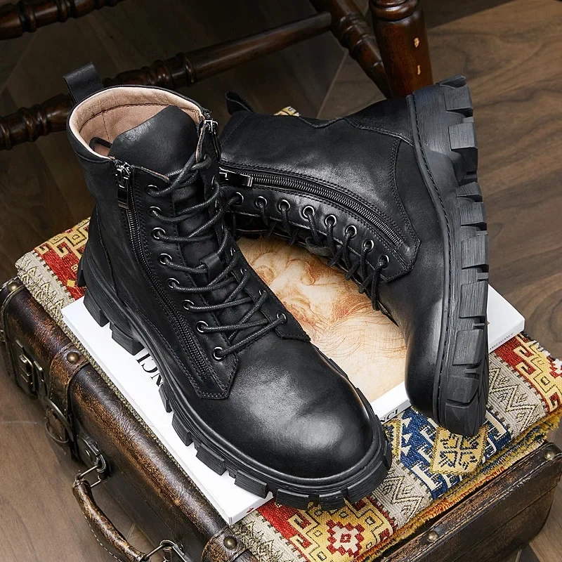 Spring Autumn New British Style Retro Chunky Bottom Cross-tied Genuine Leather Men Mid-Calf Half Motorcycle Boots Winter Plush