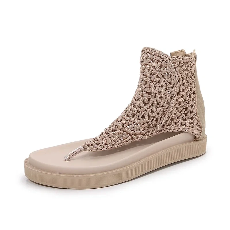 Summer New Korean Style Fashion Wedges Cut Out Knitting Flip Flops Genuine Leather Women High Toe Gladiator Sandals 2303