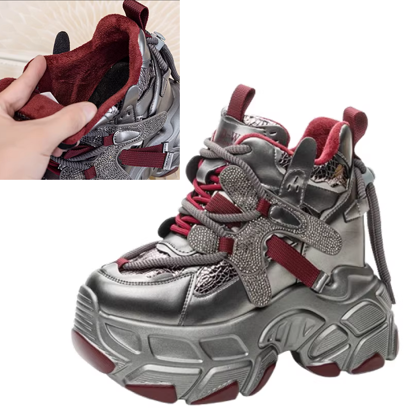 Winter Short Plush New Leisure 12 CM Height Internal Platform Crystal Bling Spring Autumn Lace-Up Genuine Leather Women Casual Shoes Sneakers 60126