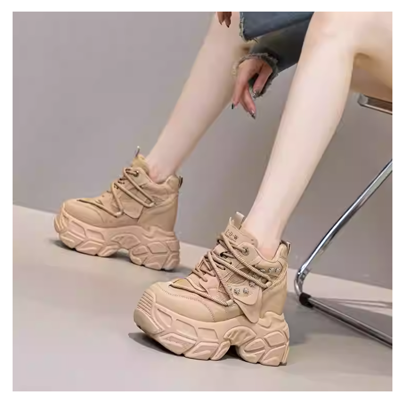 Spring Autumn New Slim Height Increasing Platform Crystal Genuine Leather Lace-Up Women High Top Casual Shoes Sneakers 60126