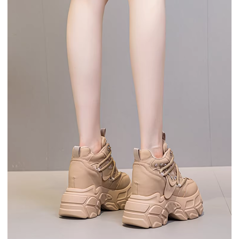 Spring Autumn New Slim Height Increasing Platform Crystal Genuine Leather Lace-Up Women High Top Casual Shoes Sneakers 60126