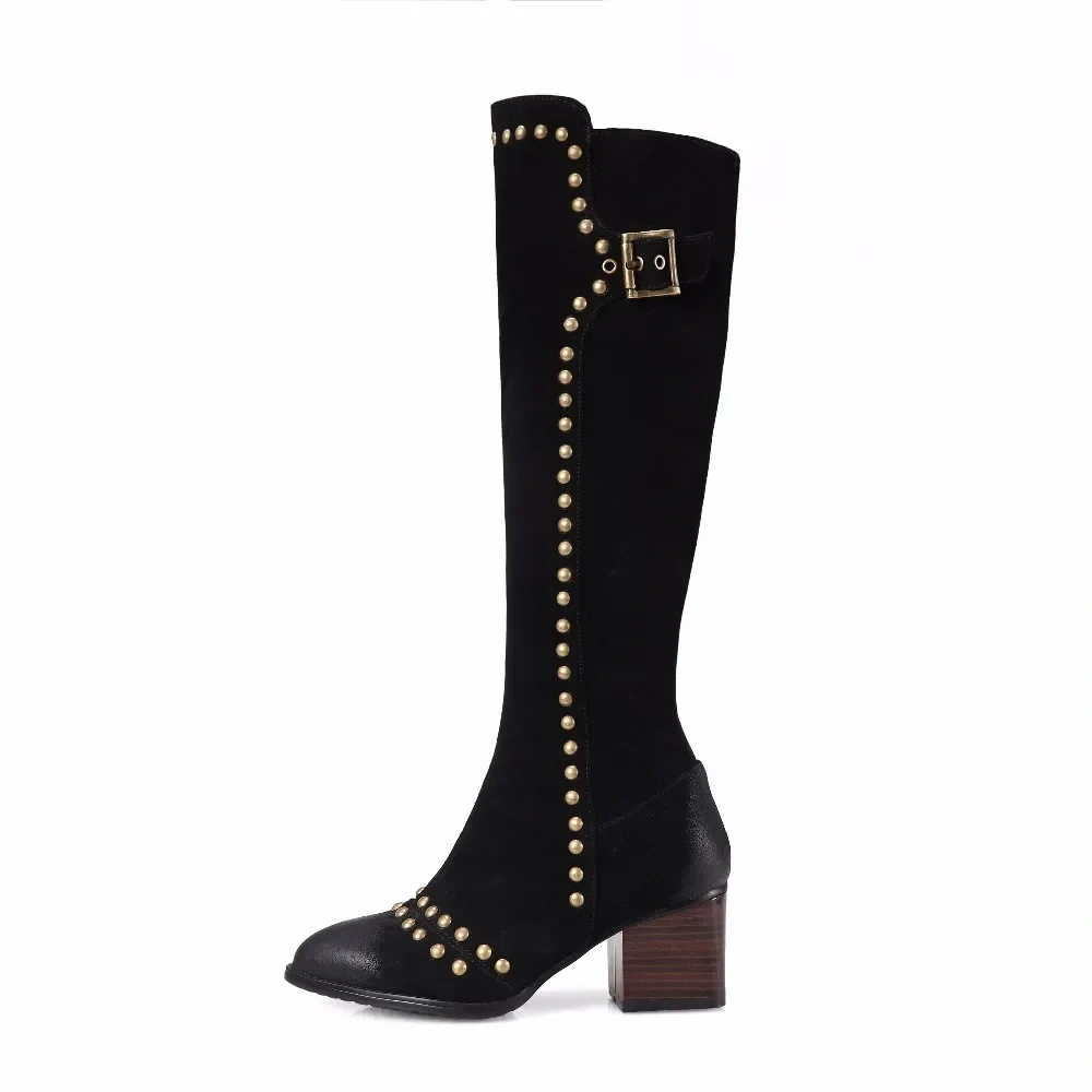 Women Winter Retro Thick Mid Heel Buckle Rivets Genuine Leather Flock Fashion Knee High Boots Size 33-41 SXQ1013