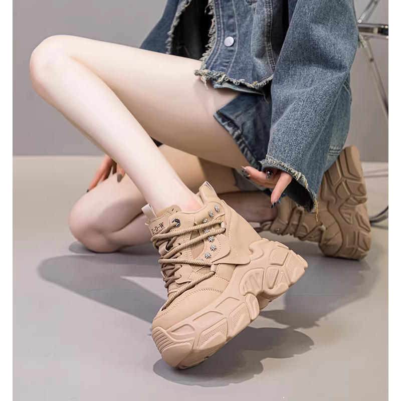 Spring Autumn New Slim Height Increasing Platform Crystal Genuine Leather Lace-Up Women High Top Casual Shoes Sneakers 60126