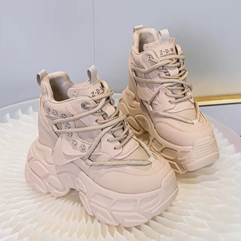 Spring Autumn New Slim Height Increasing Platform Crystal Genuine Leather Lace-Up Women High Top Casual Shoes Sneakers 60126