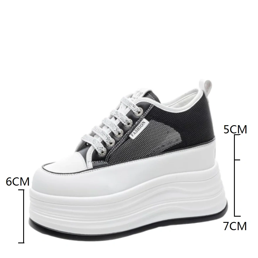 Women's Summer Fashion 12 CM Hidden Heel Genuine Leather Mesh Breathable Sneakers Lace Up Hollow Out Casual Shoes 50522