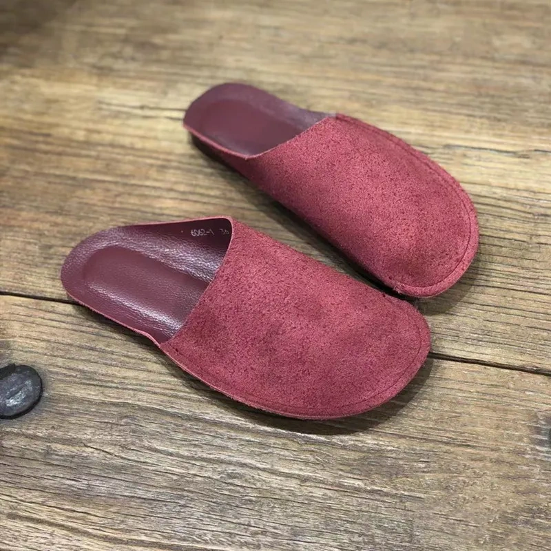 Summer New Outside European America Style Retro Flat Bottom Cover Toe Sewing Genuine Leather Women Casual Slippers 20231205
