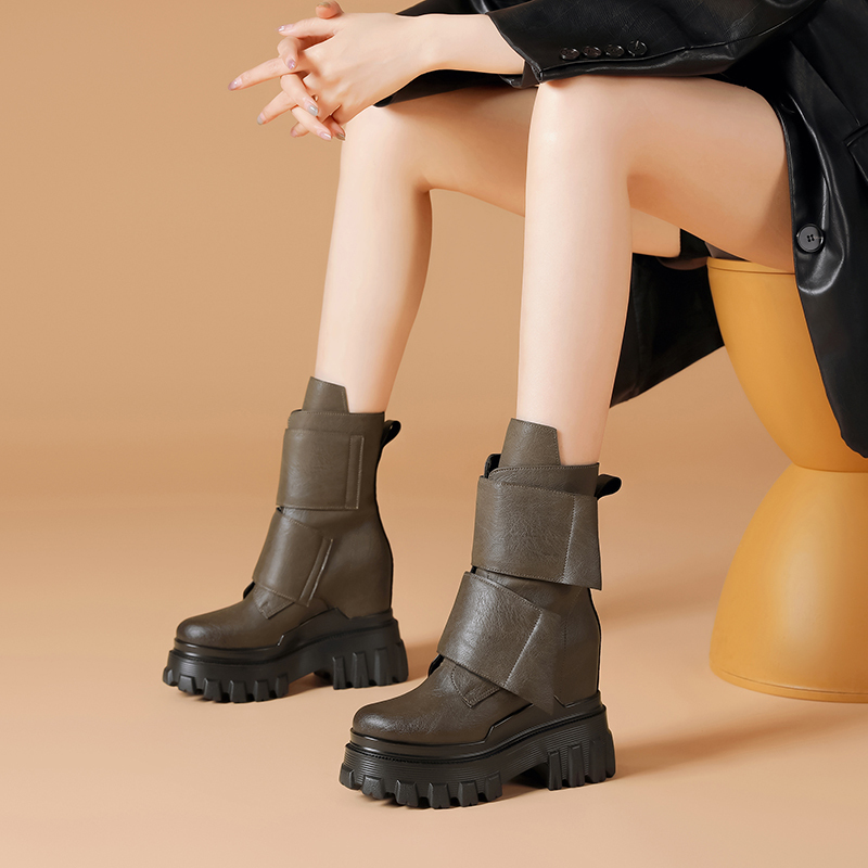 Spring Autumn New Retro Slim 12 CM Height Increasing Platform Block Heel Genuine Leather Hook Loop Women Mid-Calf Modern Boots Winter Plush 60126