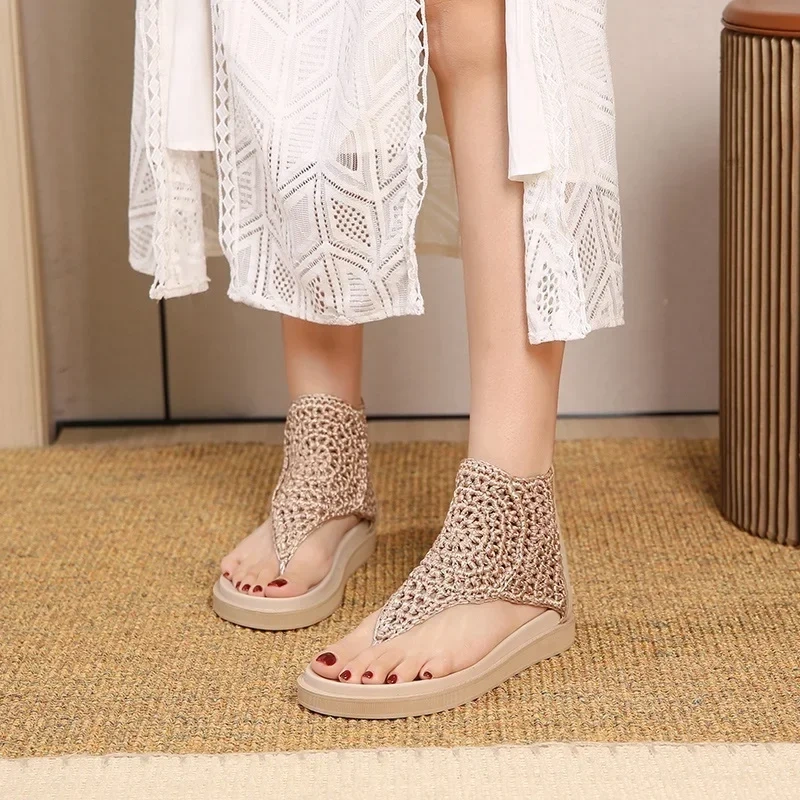 Summer New Korean Style Fashion Wedges Cut Out Knitting Flip Flops Genuine Leather Women High Toe Gladiator Sandals 2303