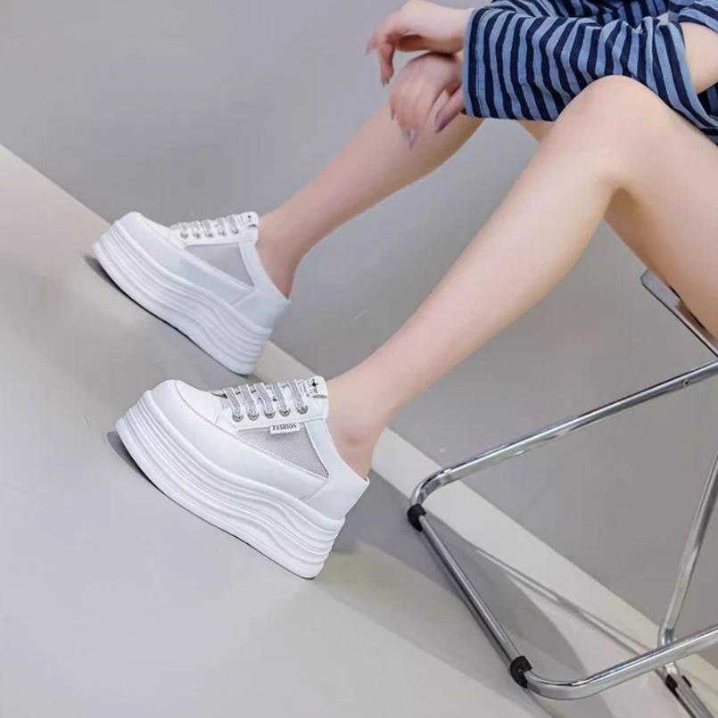 Women's Summer Fashion 12 CM Platform Genuine Split Leather & Mesh Sandals Rhinestones Lace-Up Open Back Slip-On Shoes 50522