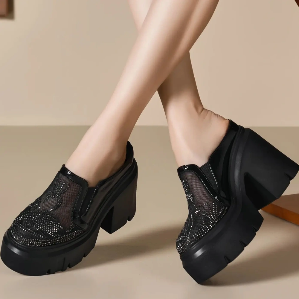 Women 12 CM Wedge Thick Sole Spring Summer Semi Slip On Pumps Loafers Crystal Mesh Hollow Out Breathable Comfort Slippers 50221