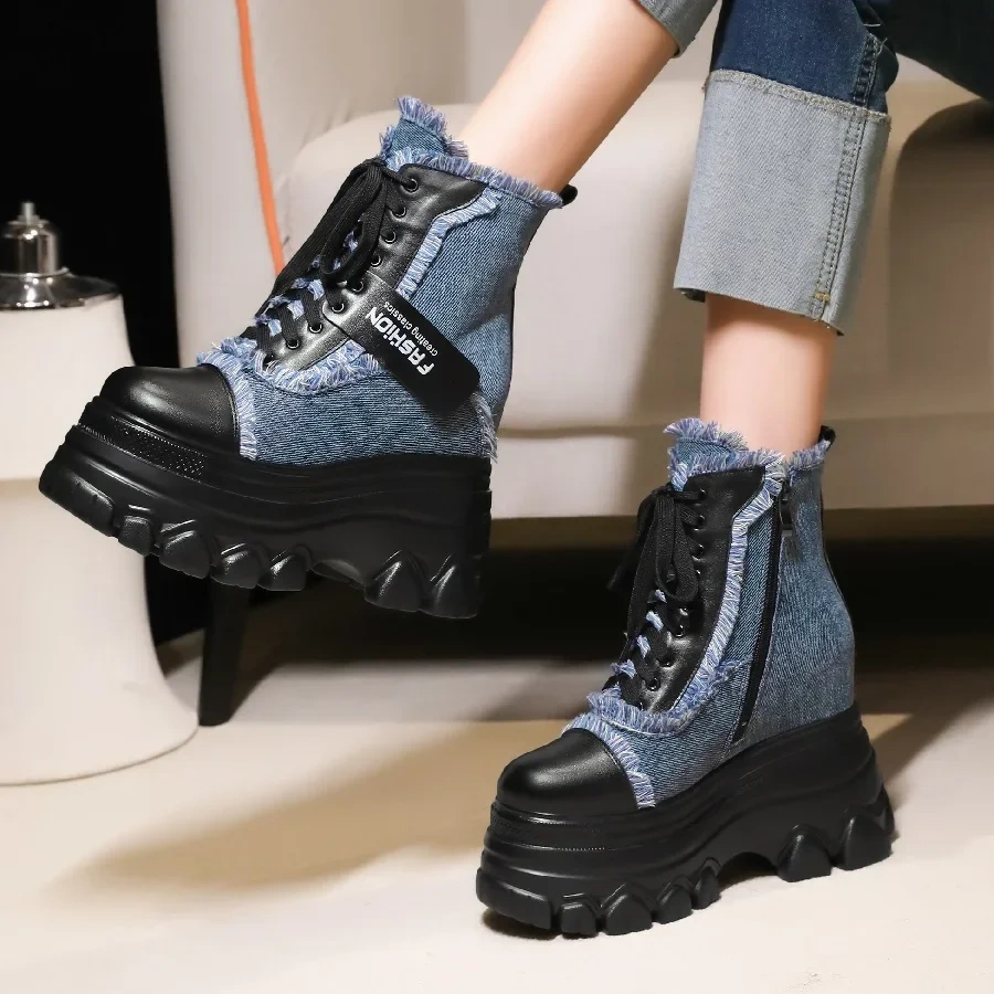 Spring Autumn New Slim Height Increasing Platform Fringe Cross-tied Denim Women Ankle Short Chunky Modern Boots Winter Plush