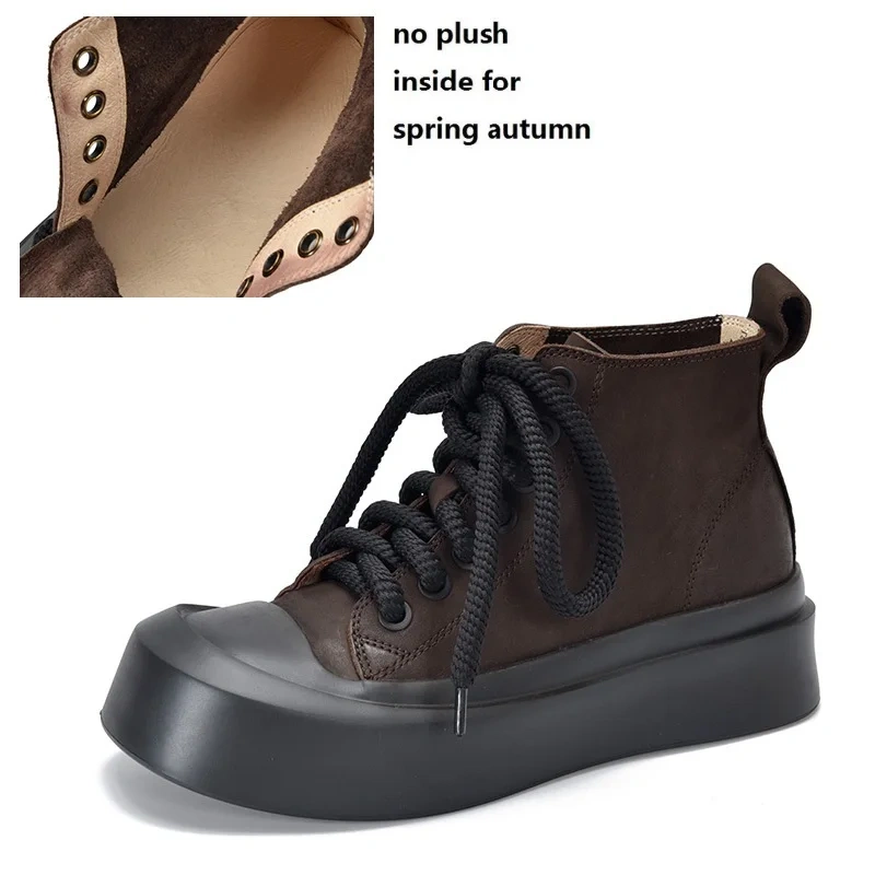 Spring Autumn Retro Chunky Bottom Platform Cross-tied Genuine Leather Women Ankle Short Motorcycle Boots Sneakers Winter Plush