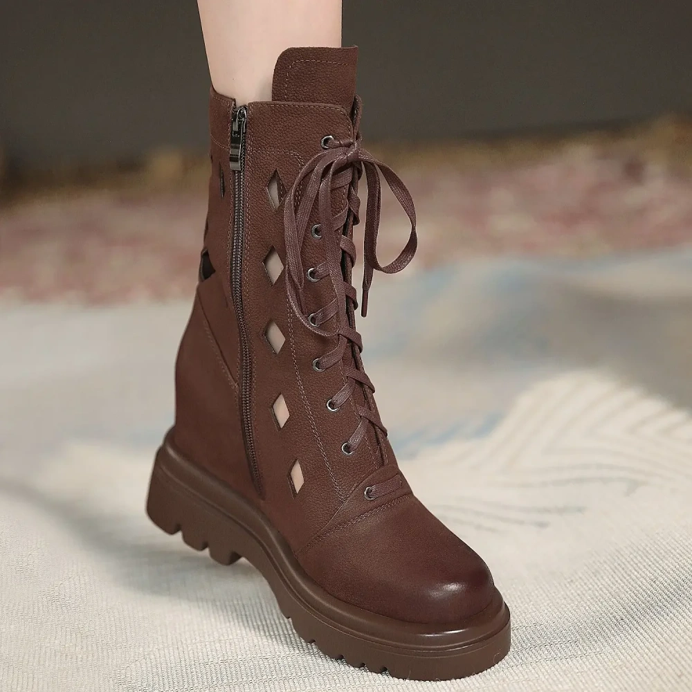 Summer New British Style Slim Height Increasing Platform Hollow Cross-tied Genuine Leather Women Mid-Calf Half Modern Boots 2305