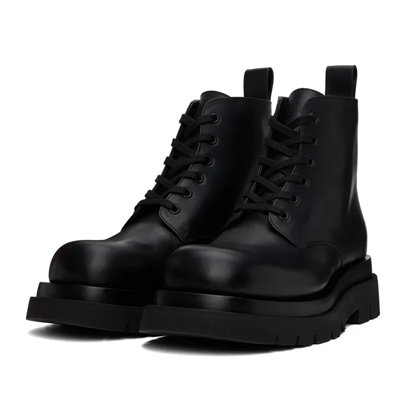Spring Autumn New British Style Leisure Chunky Bottom Platform Cross-tied Genuine Leather Men Ankle High Top Motorcycle Boots