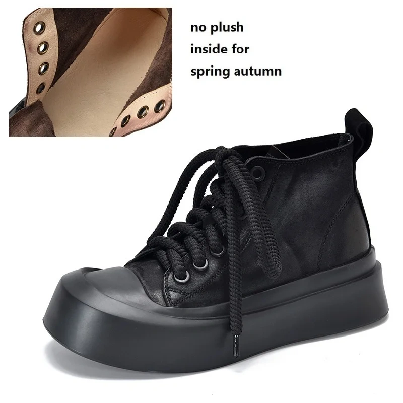 Spring Autumn Retro Chunky Bottom Platform Cross-tied Genuine Leather Women Ankle Short Motorcycle Boots Sneakers Winter Plush