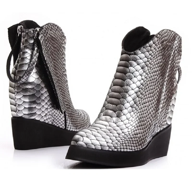 Autumn Winter Women Wedges Chunky Heel Genuine Leather Height Increase Elevator Pointed Toe Fashion Ankle Boots 34-39 SXQ0728