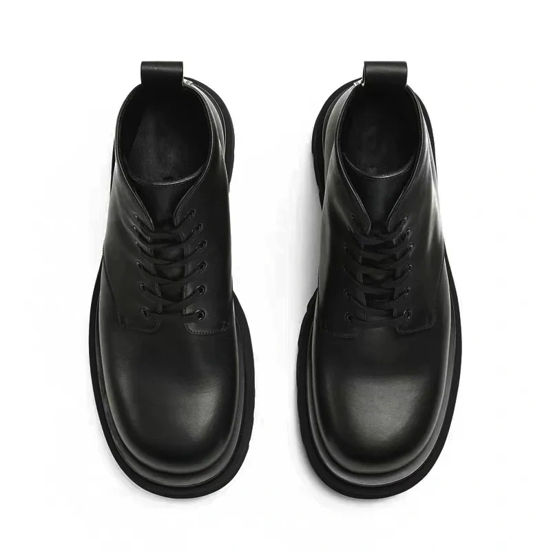 Spring Autumn New British Style Leisure Chunky Bottom Platform Cross-tied Genuine Leather Men Ankle High Top Motorcycle Boots