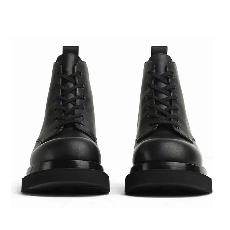 Spring Autumn New British Style Leisure Chunky Bottom Platform Cross-tied Genuine Leather Men Ankle High Top Motorcycle Boots