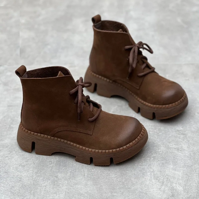 Spring Autumn New British Style Retro Chunky Bottom Platform Sewing Lace-Up Genuine Leather Women Ankle Short Motorcycle Boots