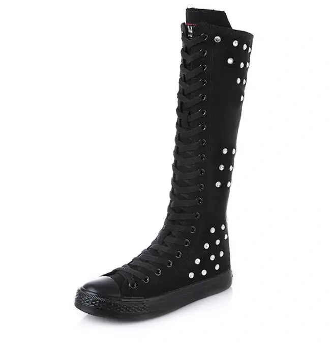 Spring Autumn New High-top Slim Canvas Crystal Cross-tied Zipper Plus Size 42 43 Women Long Knee-High Boots Ladies Dance Shoes