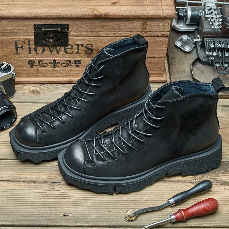 Spring Autumn New British Style Retro Chunky Bottom Sewing Cross-tied Genuine Leather Men Ankle High Top Work Safety Boots 2308