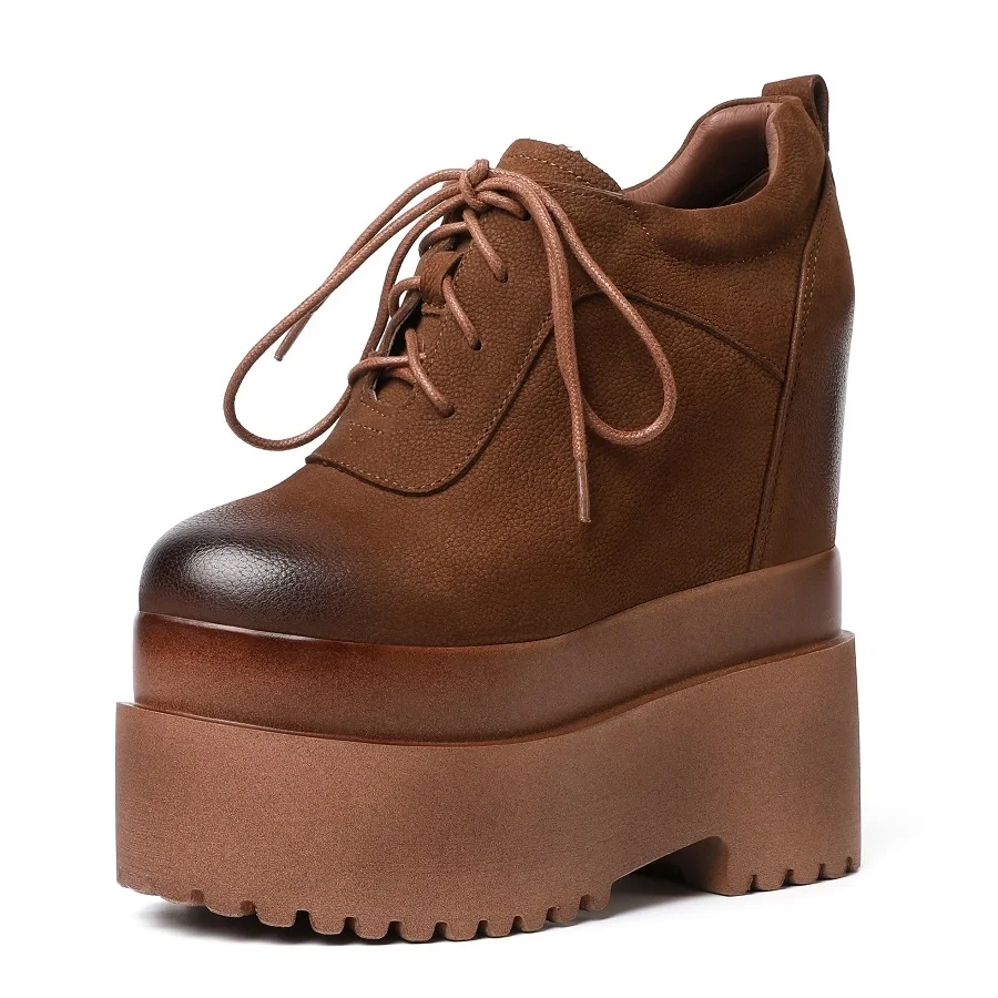 Spring Autumn New Retro Height Increasing 16 CM High Heels Platform Size 34-39 Cross-tied Full Grain Leather Women Modern Pumps