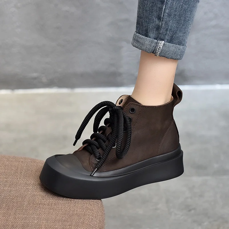 Spring Autumn Retro Chunky Bottom Platform Cross-tied Genuine Leather Women Ankle Short Motorcycle Boots Sneakers Winter Plush