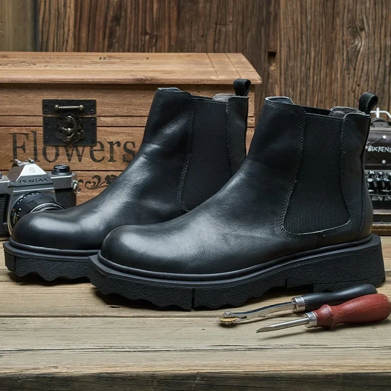 Spring Autumn New British Style Retro Chunky Bottom Simple Sewing Genuine Leather Men Ankle Short Chelsea Boots Winter Plush