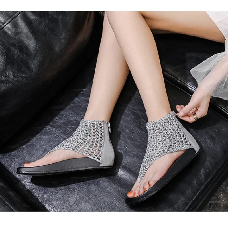 Summer New Korean Style Fashion Wedges Cut Out Knitting Flip Flops Genuine Leather Women High Toe Gladiator Sandals 2303