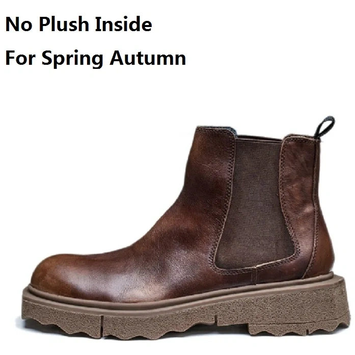 Spring Autumn New British Style Retro Chunky Bottom Simple Sewing Genuine Leather Men Ankle Short Chelsea Boots Winter Plush