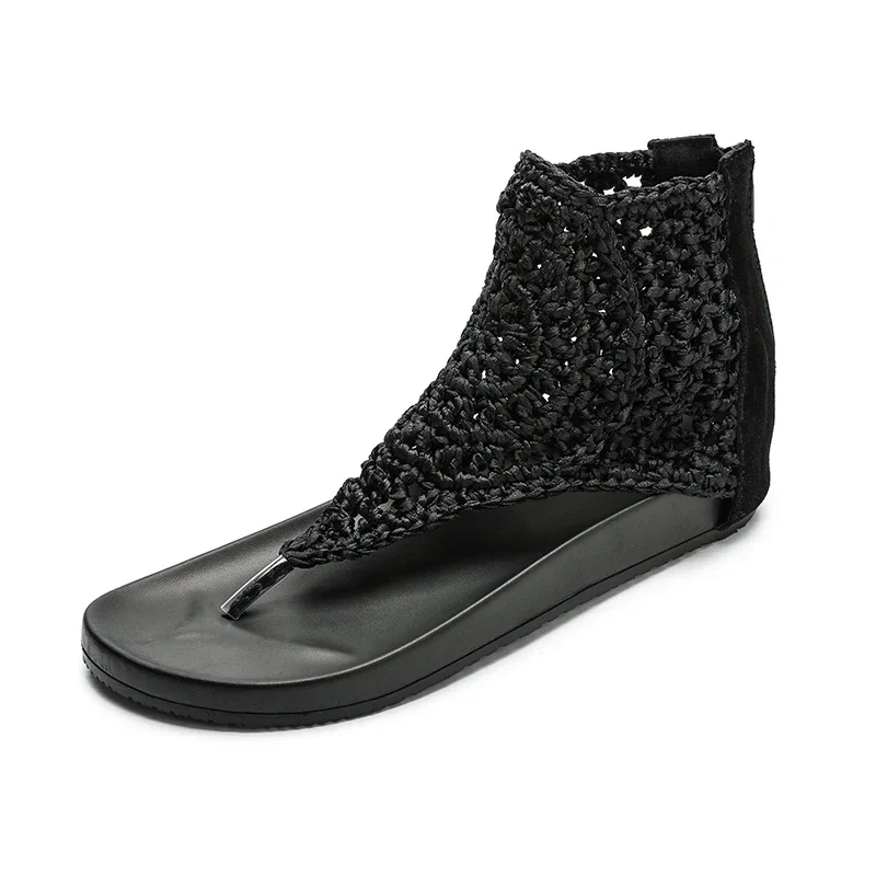 Summer New Korean Style Fashion Wedges Cut Out Knitting Flip Flops Genuine Leather Women High Toe Gladiator Sandals 2303