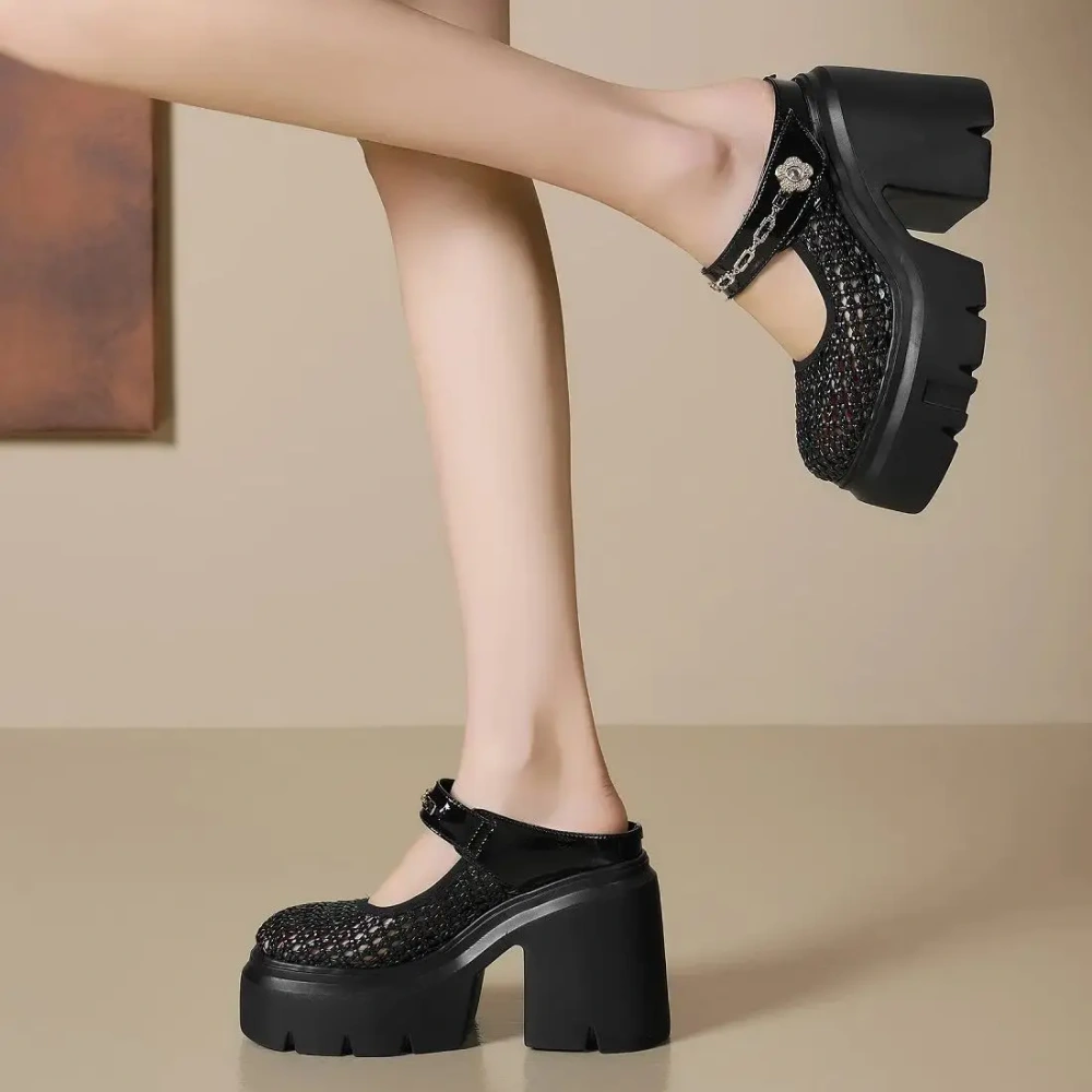 Women Summer New 12 CM Thick Sole Semi Sandals Woven Hollow Out Metal Chain Rhinestone Flower Shoes 50409