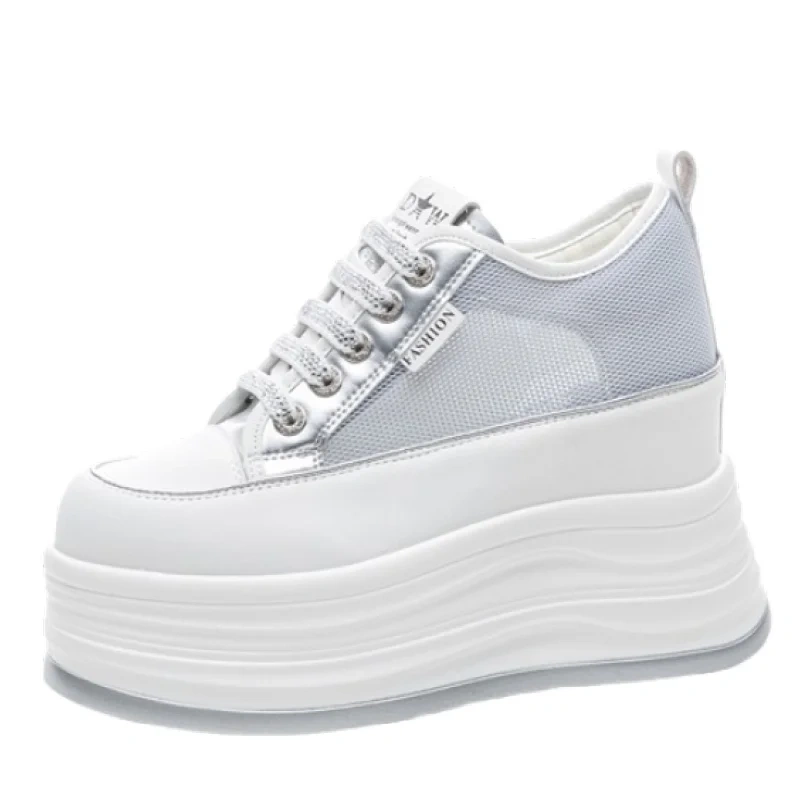 Women's Summer Fashion 12 CM Hidden Heel Genuine Leather Mesh Breathable Sneakers Lace Up Hollow Out Casual Shoes 50522