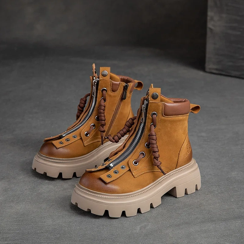 Spring Autumn New Retro Chunky Bottom Platform Rivet Cross-tied Zipper Genuine Leather Women Ankle High Top Motorcycle Boots