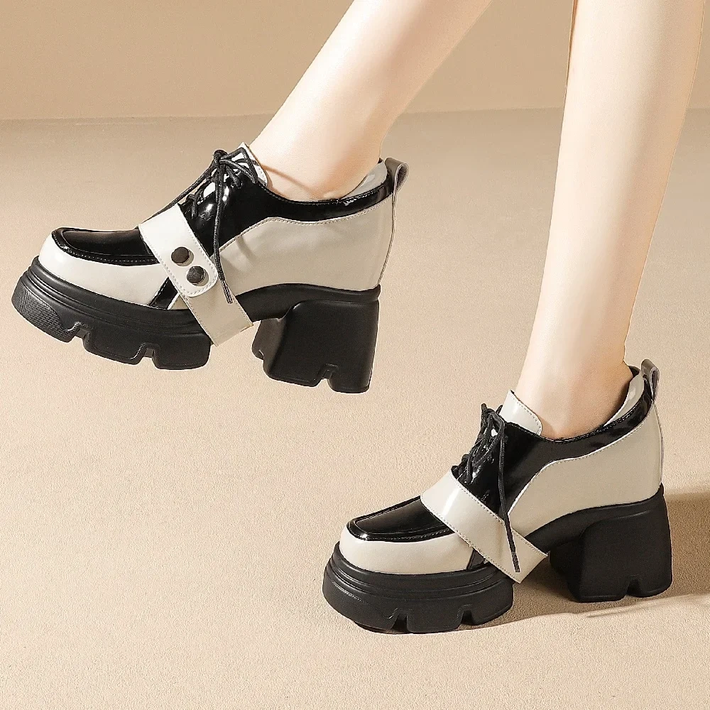 Spring Autumn New Slim Height Increasing Platform Mixed Colors Belt Buckle Lace-Up Genuine Leather Women Casual Shoes Sneakers