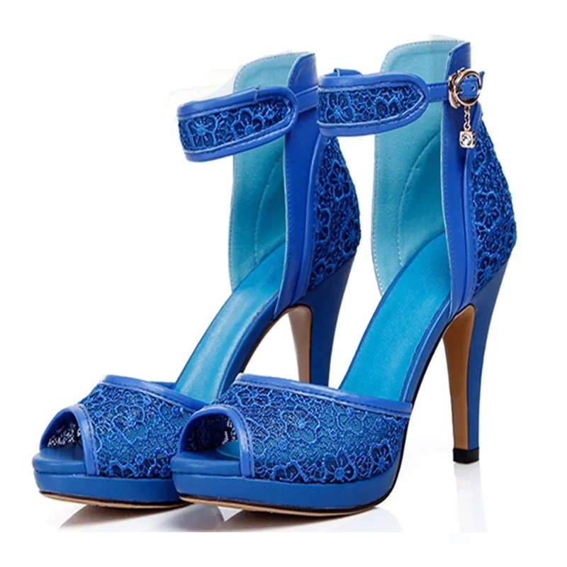 Genuine Leather Thin High Heel Open The Toe Ankle Wrap White Blue New Arrival Fashion Sexy Women Shoes Plus Size 35-41 SXQ0602