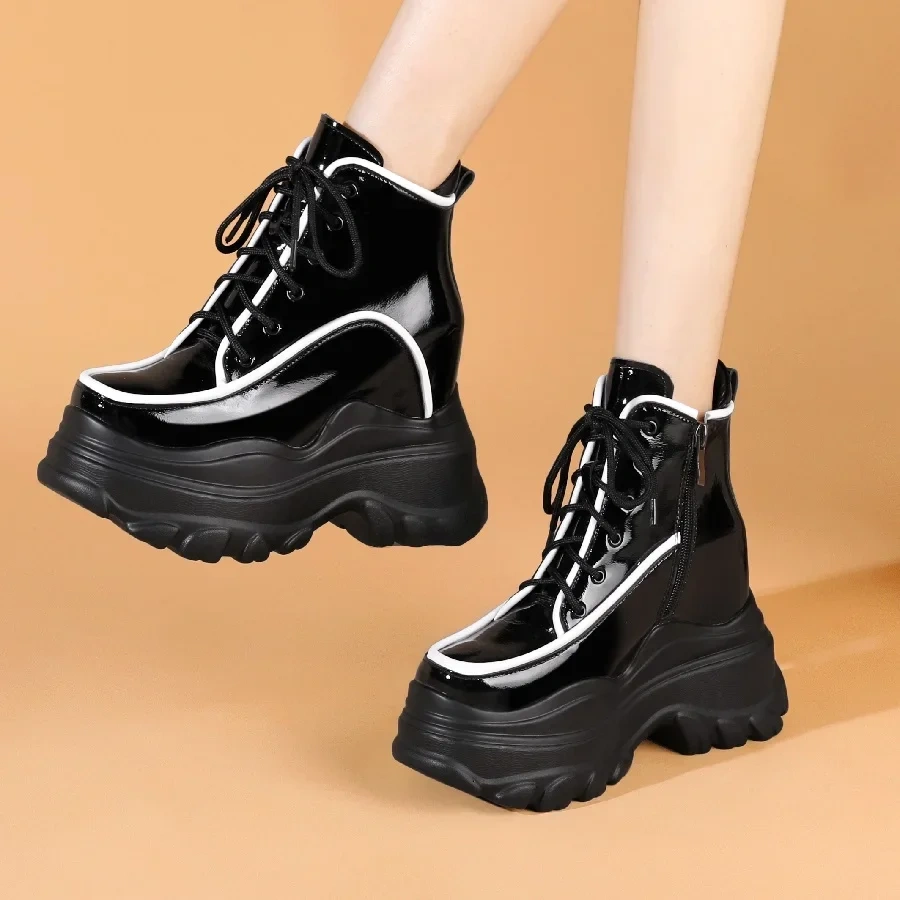 Spring Autumn New Fashion 12 CM Super High Heels Platform Cross-tied Patent Leather Women Ankle Short Modern Boots Winter Plush