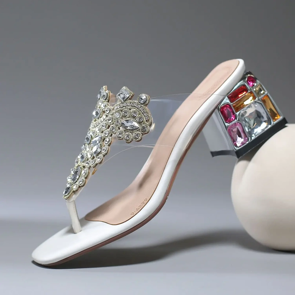 Summer Sexy Crystal Thick High Heels Mixed Colors Sandals Rhinestone Cut Out Transparent Plastic Women Gladiator Flip-flops 2303