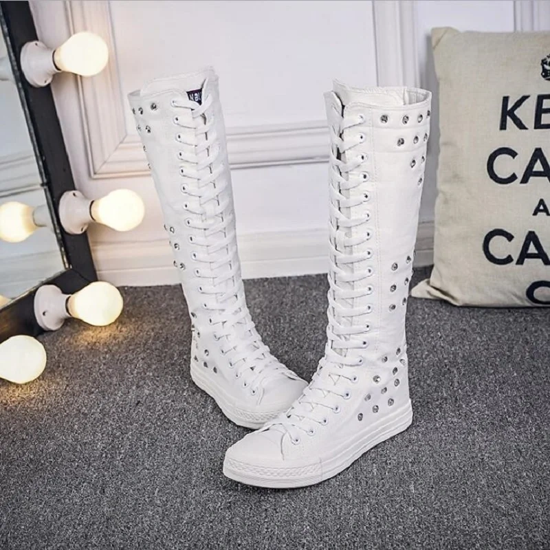 Spring Autumn New High-top Slim Canvas Crystal Cross-tied Zipper Plus Size 42 43 Women Long Knee-High Boots Ladies Dance Shoes