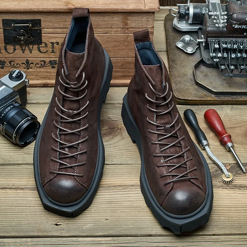 Spring Autumn New British Style Retro Chunky Bottom Sewing Cross-tied Genuine Leather Men Ankle High Top Work Safety Boots 2308
