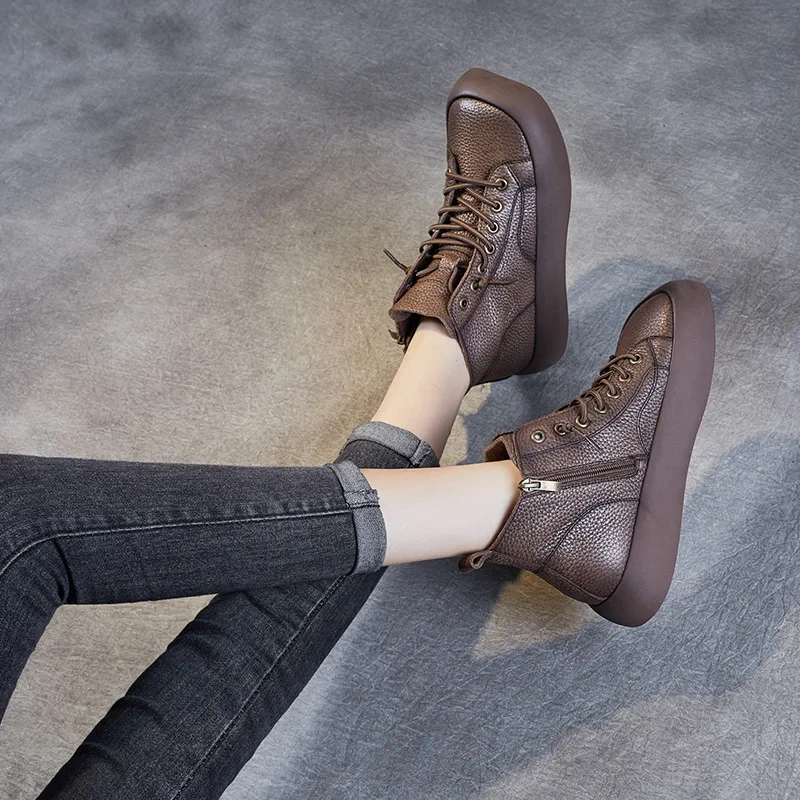 Spring Autumn New Retro Chunky Bottom Platform Square Toe Genuine Leather Women Ankle Short Motorcycle Boots Winter Plush 2401
