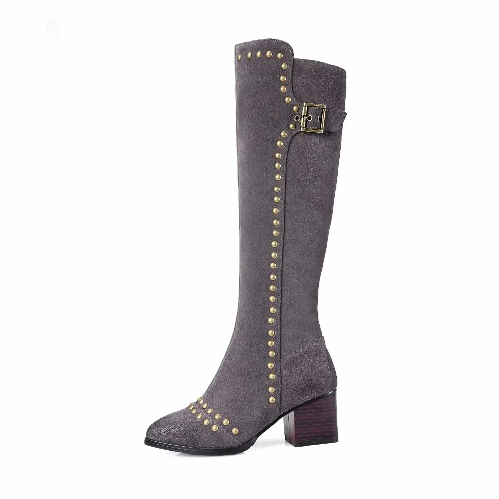 Women Winter Retro Thick Mid Heel Buckle Rivets Genuine Leather Flock Fashion Knee High Boots Size 33-41 SXQ1013
